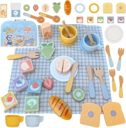 tooky toy set de picnic din lemn cu fructe de tăiat în servietă