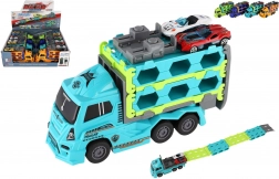 Camion transportor din plastic cu mecanism de inerție 22 cm + 2 mașinuțe sport