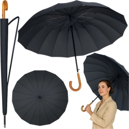 Umbrelă mare automată cu mâner din lemn, 24 spițe, 115 cm, neagră