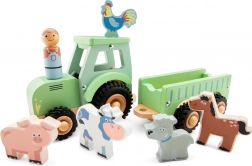 Tractor din lemn cu platformă și animale New Classic Toys