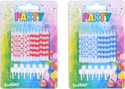 Lumânări de aniversare cu buline și dungi, 12 bucăți + suporturi