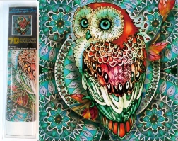 Pictură cu diamante 7D – bufniță pe mandală albastră 30 × 30 cm