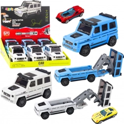 mașină off-road cu mașinuță ascunsă și rampă de lansare, lumină și sunet – albă/ albastră