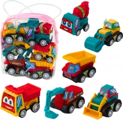 Set de mini vehicule de construcții cu mecanism pull-back în săculeț – 6 buc