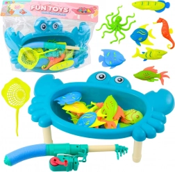 set de pescuit pentru copii cu măsuță-crab, 10 animăluțe, undiță și sită – albastru