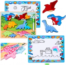 Puzzle educativ din lemn cu dinozauri și tablă de desen