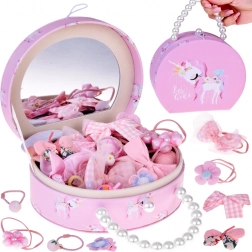 Cutie de bijuterii drăgălașă din piele ecologică cu oglindă și set de accesorii pentru păr