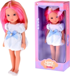 păpușă cu păr lung roz-blond în rochie albă cu fundă albastră 33 cm