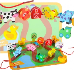 Fermă din lemn cu mărgele de înșirat – set educativ cu tablă și animăluțe