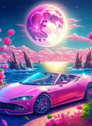 Pictură cu diamante – cabriolet în paradisul roz 30 × 40 cm