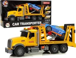 Platformă de remorcare galbenă cu rampă, lumini și sunete