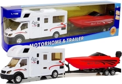 Jucărie rulotă cu barcă roșie și mecanism inerțial 1:48