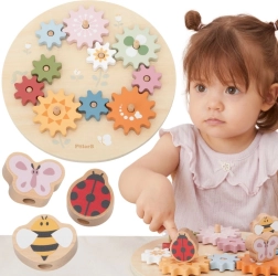 Puzzle din lemn cu angrenaje PolarB Viga – rotițe dințate pastel Montessori