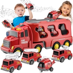 Set de pompieri WOOPIE – camion transportor și 4 vehicule cu lumini și sunete