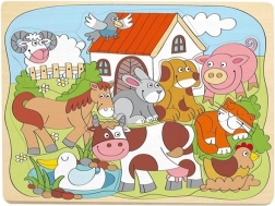Woodyland puzzle din lemn cu animale domestice vesele, cu piese de introdus