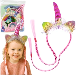 Bentiță roz unicorn cu corn, urechi și codițe împletite