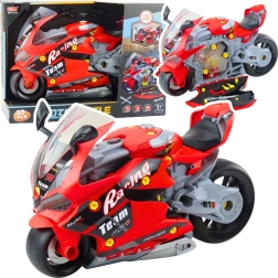Motocicletă interactivă demontabilă 2‑în‑1 cu atelier, lumini, sunete și fum – roșie 43 cm