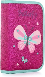 Penar școlar cu un singur compartiment, cu efect de paiete, motiv fluture, 2 clapete