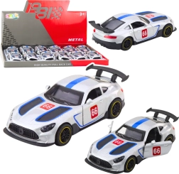 Mașină de curse metalică 1:43 cu mecanism pull-back și uși care se deschid – argintie