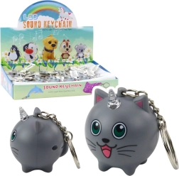 Breloc pisicuță-unicorn cu corn LED și sunet, gri