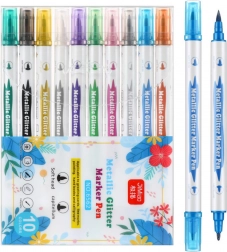 Set de markere metalice cu sclipici, cu două capete, 10 bucăți