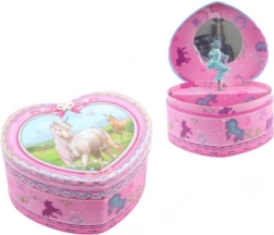 Cutie muzicală de bijuterii roz în formă de inimă, cu unicorn și balerină