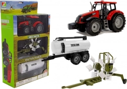 Tractor cu remorcă, greblă rotativă și cisternă – roșu
