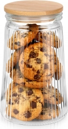 Borcan din sticlă striată cu capac din bambus și garnitură, 1 l