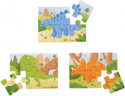 puzzle din lemn 3‑în‑1 dinozauri BIGJIGS TOYS