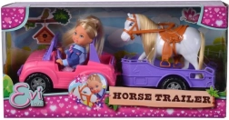păpușă Evi Love cu jeep și remorcă pentru cal