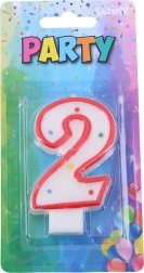 Lumânare de petrecere cifra 2 pentru tort – albă, cu margine roșie și buline