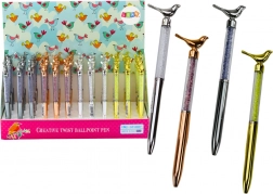 Pix cu bilă cu păsărelă și pietricele sclipitoare, cerneală albastră 0,7 mm