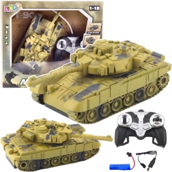 Tanc RC T-90 1:18 cu turelă rotativă, lumini și sunete – camuflaj nisipiu
