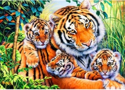 Pictură cu diamante Tigroaică cu pui 40 × 30 cm - 1 bucată