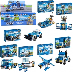 Set de construcție poliție 8în1 – vehicule, clădiri și elicopter (98–118 piese)