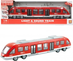 Tramvai roșu cu uși care se deschid, sunete și lumini