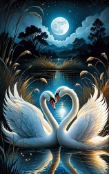 Pictură cu diamante lebede la lună plină 30 × 40 cm