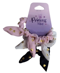PINK set de elastice de păr scrunchie cu fundă și inimioare aurii - 3 buc