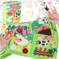 Cărticică senzorială din material textil cu tema fermă, activități și marionete pentru degete