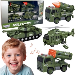 Set WOOPIE de vehicule militare cu lansatoare de rachete, tanc și elicopter, 4 piese, scară 1:20