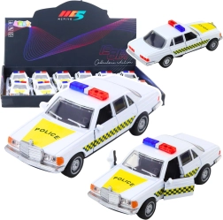Mașinuță de poliție metalică 1:32 cu mecanism pull-back și uși deschise, albă