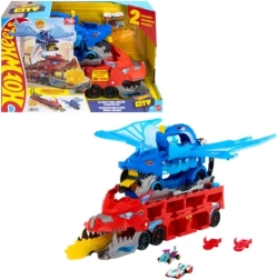 Hot Wheels City transportor dublu cu dragoni, cu pistă de curse și 2 mașinuțe