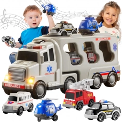 Set Woopie de salvare 5 în 1 cu camion transportor și vehicule