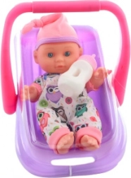 Păpușă bebeluș în scaun auto 22 cm cu biberon
