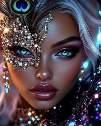 Pictură cu diamante femeie cu mască de păun 30 × 40 cm