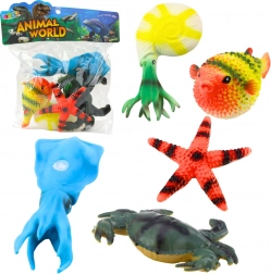 Set figurine animale marine – crab, stea de mare, calmar, amonit, peștișor balon 5 buc