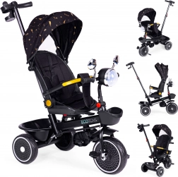 Tricicletă pentru copii cu scaun rotativ 360°, tijă de ghidare și copertină, negru, ECOTOYS
