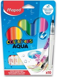 Carioci MAPED Color'Peps Aqua cu efect de pensulă, set 10 culori + pensulă cu rezervor de apă