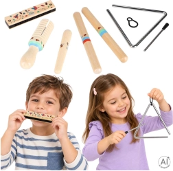 Instrumente muzicale din lemn pentru copii – set (triunghi, bețe ritmice, muzicuță, guiro)