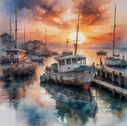Pictură cu diamante navă în port 30 × 40 cm